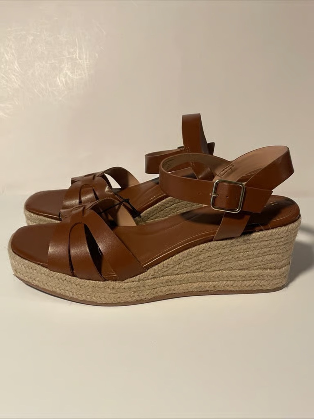Time and Tru Brown Leather Espadrille Wedge Sandals